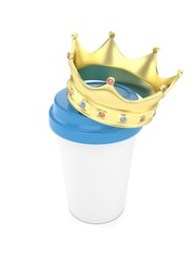 Coffee cup with golden crown on white background. Concept of luxury royal coffee. 3D rendering.