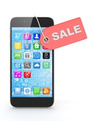 Smart phone with red sale label on white background. Best offer. Leader of sales. 3D rendering.