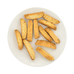 Almond nut biscotti on a plate top view