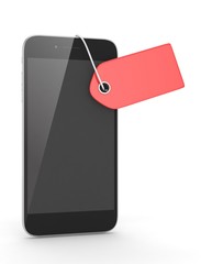 Smart phone with red price tag on white background. Identification, price, label. 3D rendering.