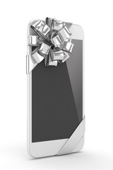 White phone with silver bow. 3D rendering.