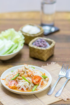 papaya salad or what we called in Thai  "Som Tum Thai"  the popular Thai style local the eastern delicious food of Thailand.