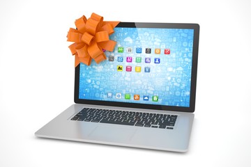 Tied laptop with red bow on white background. Modern present or gift for birthday, holiday, christmas. 3D rendering.