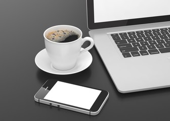 Laptop smartphone and coffee cup on black. 3d rendering.