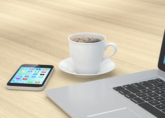 Laptop smartphone and coffee cup on wood. 3d rendering.