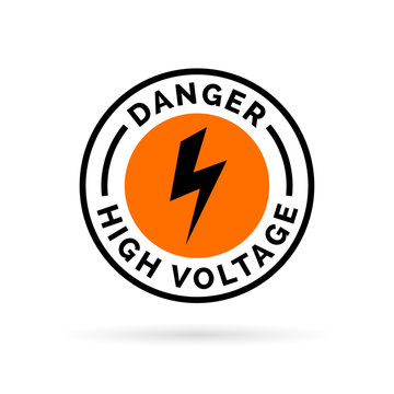 Danger high voltage sign. Electrical hazard icon badge. Caution electric shock symbol. Black electric bolt icon on orange circle background. Vector illustration.