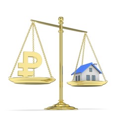 Isolated golden scales with golden rouble and house on white background. Investment or savings concept. Real estate and currency. 3D rendering.