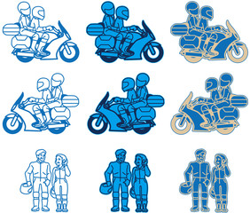 Obraz premium モーターサイクル-ツアラータイプ+ライダー（フラットデザイン）ブルー色バリエーションセット