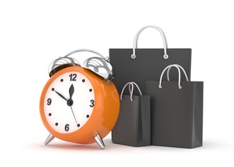alarm clock and shopping bag (time to buy concept). 3d rendering.