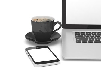 Laptop smartphone and coffee cup. 3d rendering.