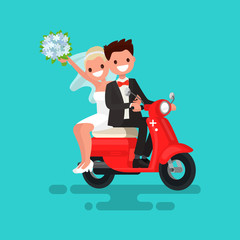 Newlyweds go on a red moped. Vector illustration