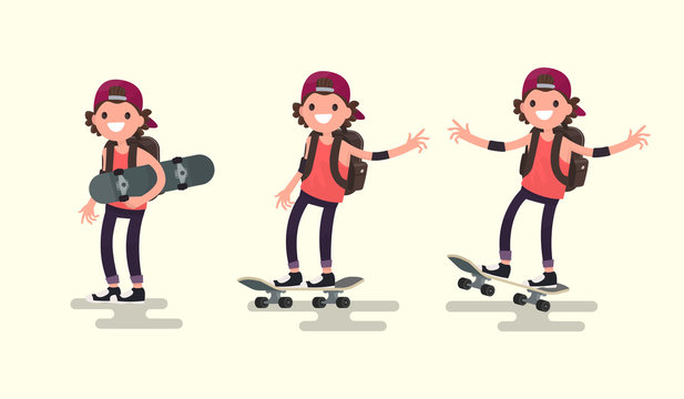 Set guy riding on a skateboard. Vector illustration