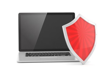 Laptop and shield on white, computer security concept. 3d rendering.