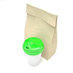 Coffee to go and lunch bag, on white. 3d rendering.