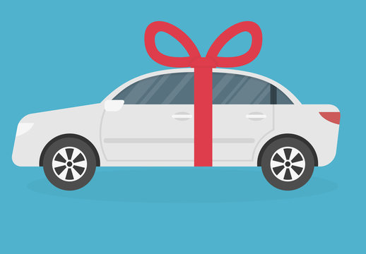 Gift car icon with red ribbon and bow. Flat style
