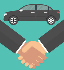 Car dealer making a deal concept. Handshake with a car in the background. Flat style