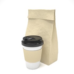 Coffee to go and lunch bag, on white. 3d rendering.