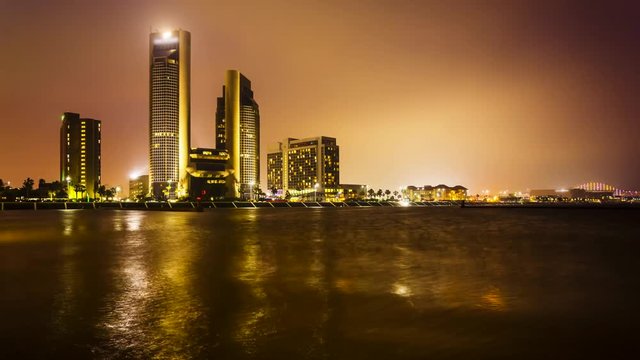 Skyline of Corpus Christi, Texas at night, timelapse (Logos blurred for commercial use)