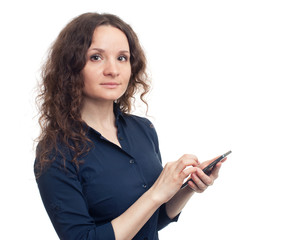 Naklejka premium cute brunette girl with curly hair holding smartphone