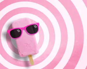  Ice cream stick wearing sunglasses on circle pattern pink and white background with copy space.,Pastel tone. © Theeradech Sanin