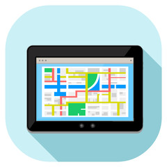 Vector illustration of a modern tablet with location map.
Tablet pc computer internet icon displaying navigation website page - Tablet technology with map website information.