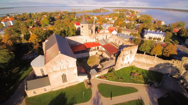 Aerial shot of the castle in Haapsalu. Haapsalu Castle is a castle with cathedral in Haapsalu Estonia founded in the thirteenth century as the seat of the Bishopric of &Ouml;sel-Wiek.