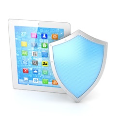 Tablet PC and shield on white device security concept. 3d rendering.