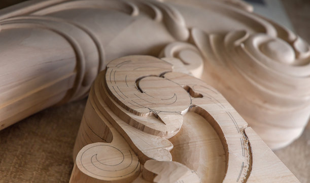 Timber, Wood processing. Joinery work. wood carving. element close up