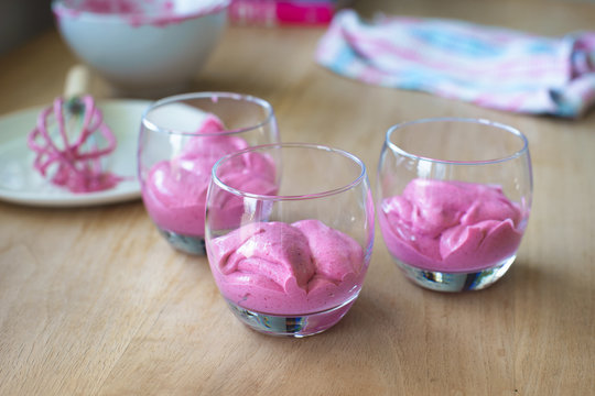 Homemade mixed berry mousse in glasses. Selective focus.