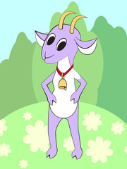 Cute cartoon goat on a meadow with bell around his neck. Vector