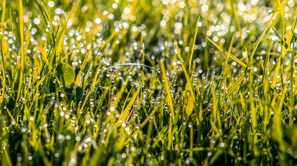 Close up of fresh morning dew on spring grass