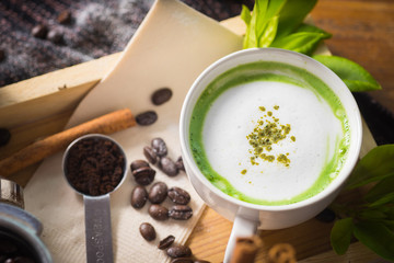 top view Green tea, milk, hot afternoon.