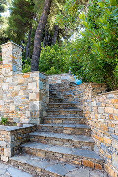 Mediterrane Steintreppe f&uuml;hrt in den Pinienwald