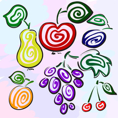 Mysterious fruits and berries are hand-drawn. Individual corporate identity. It can be used as a postcard. Pear, apple. plum, grape, cherry, peach. Vector