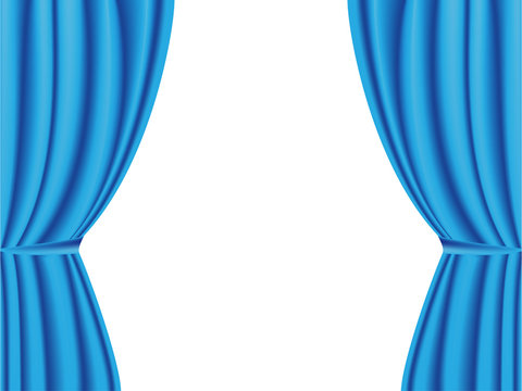 Blue curtain opened on white background. Vector