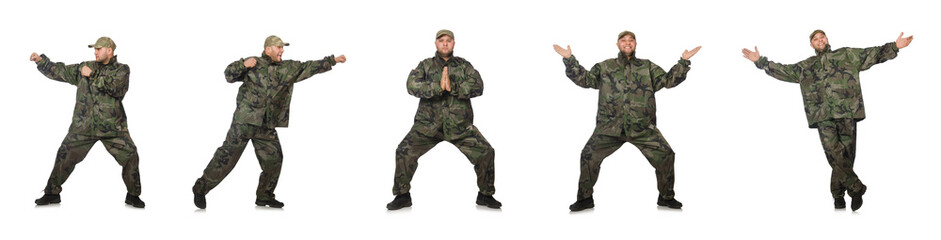 Young man in soldier uniform isolated on white