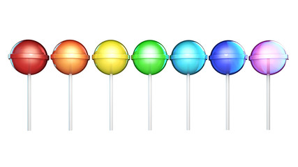 Line of brightly colored lollipops. Candies on stick in a row isolated on white background. Seven colors of the rainbow. The colors of the spectrum, 3d illustration