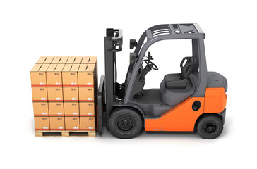 Forklift truck with boxes on pallet 3d