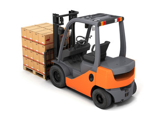 Forklift truck with boxes on pallet 3d