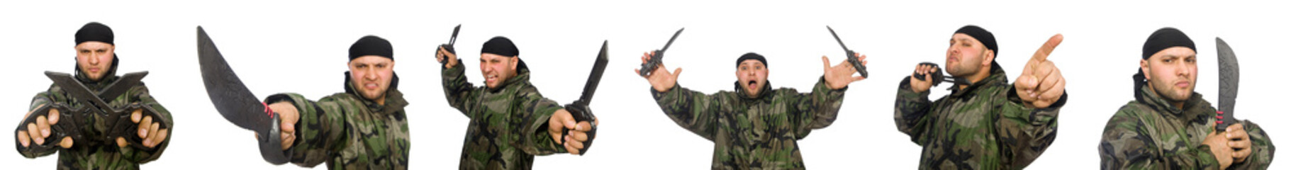 Young man in soldier uniform holding knife isolated on white