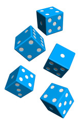 Five blue dices isolated on white. 3D illustration.