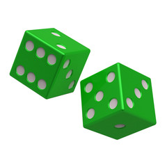 Two green dices isolated on white. 3D illustration.