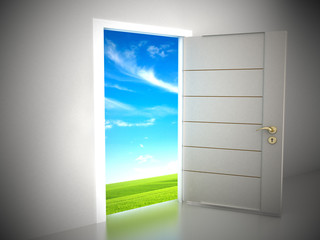 Door opening to blue sky background. 3D illustration