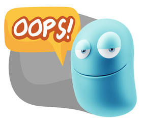 3d Rendering Smile Character Emoticon Expression saying Oops wit