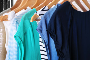 Obraz premium Collection of female clothes hanging on a rack