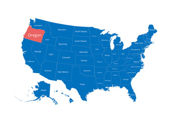 Map of the USA. Image with clipping path and name of states. State mark. Oregon. Vector illustration.