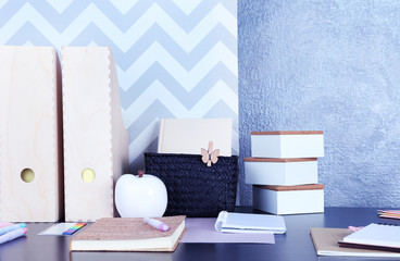 Office and school set with stationery and notebooks on a table