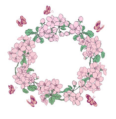 Greeting card witn apple flowers and butterflies in cyrcle.
