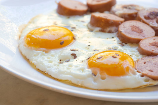 Hearty breakfast of eggs, sausage