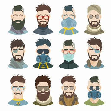 Flat icons collection of various post-apocalypse men. Modern design vector illustration set. Isolated on white background.